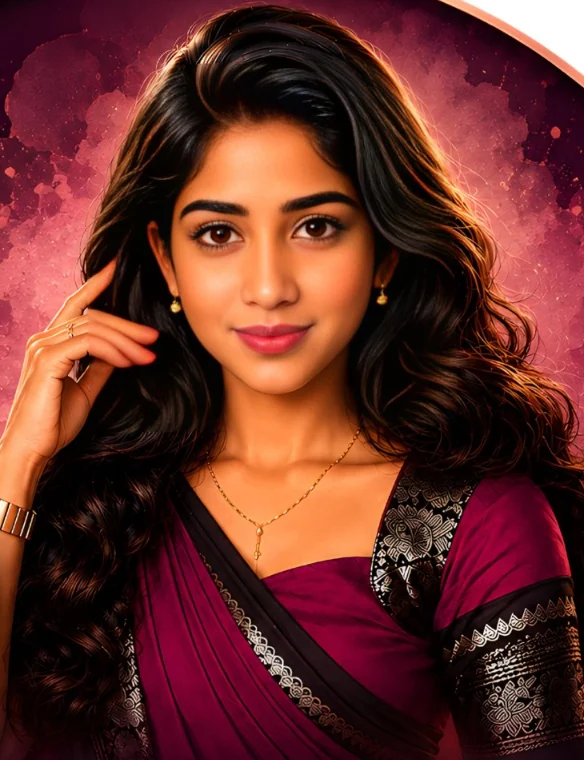 Sowmi Makeover brand portrait in a magenta silk saree
